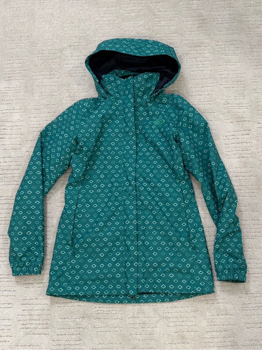 The North Face Girls Teal Diamond-Print Hooded Rain Jacket